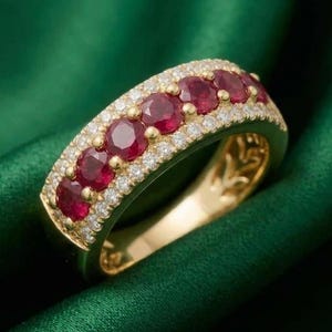 May include: A gold ring featuring a row of six vibrant red gemstones, likely rubies, set between two rows of smaller, clear gemstones. The ring's band is gold, and the gemstones are set against a green background.