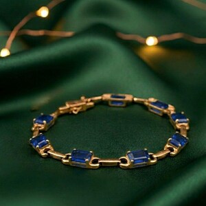 Minimalist Rectangle Blue Sapphire Link Bracelet 14K Yellow Gold Silver Anniversary Gift