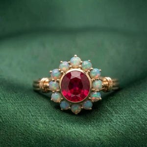 May include: A gold ring featuring a large, oval-cut, deep red gemstone at the center, surrounded by a halo of twelve small, round, iridescent white opals. The metal band has a textured, ribbed design on both sides of the central setting.
