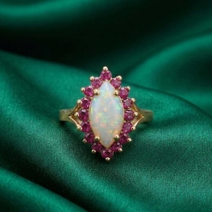 Unique Marquise Opal Ruby Halo Statement Ring 14K Yellow Gold And Silver Anniversary Gift