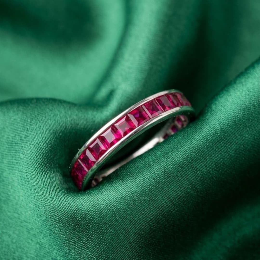 Princess Red Ruby Eternity Band Channel Set Wedding Women's Ring 14K ...