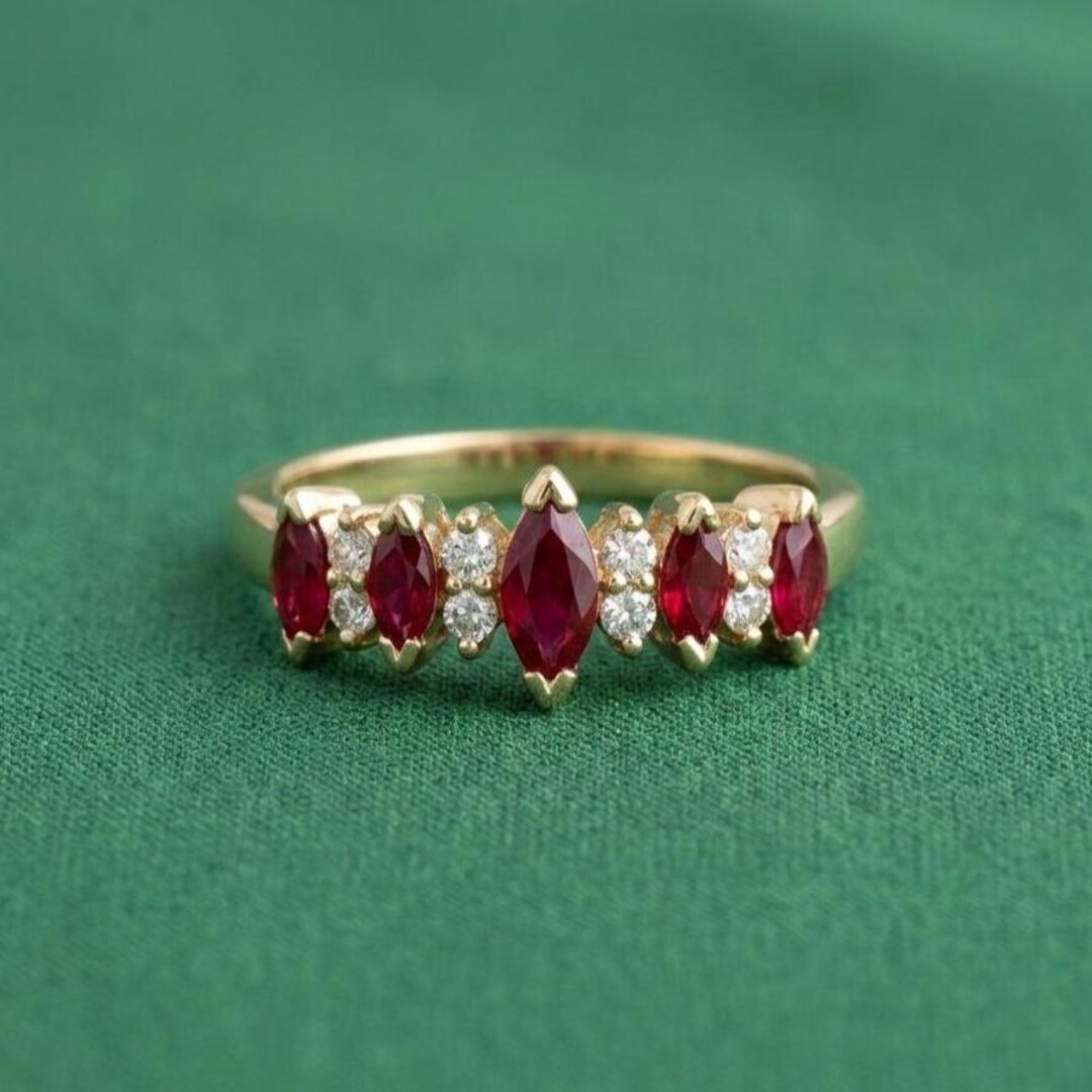 Art Deco Red Ruby Diamond Eternity Band Ring 14K Yellow Gold Silver ...