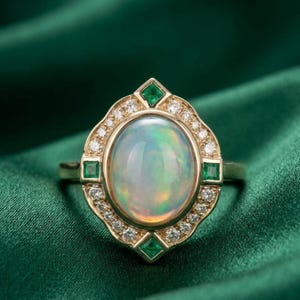 May include: A gold ring featuring a large oval cabochon opal center stone surrounded by a halo of small round white diamonds and four square-cut green emeralds positioned at the top, bottom, left, and right sides of the setting.