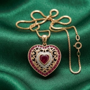 Vintage Herzanhänger mit rotem Rubin und Diamant-Halo, 14 Karat Gelbgold/Silber, romantisches Geschenk zum Jahrestag