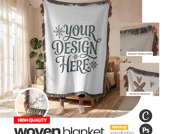 Maqueta de manta tejida jacquard en formato PSD y PNG, plantilla estilo boho para impresión bajo demanda (POD Printify), decoración de interiores boho (descarga digital).