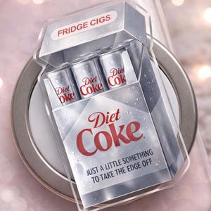 May include: A novelty Diet Coke cigarette pack with the text "FRIDGE CIGS" on top. The pack is silver with the Diet Coke logo and the phrase "JUST A LITTLE SOMETHING TO TAKE THE EDGE OFF". The pack contains three Diet Coke cans.