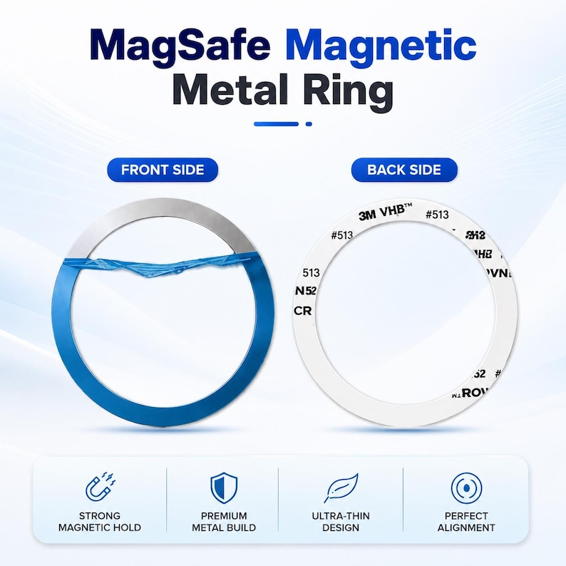 May include: A product image showcasing a MagSafe Magnetic Metal Ring. The front side is a silver ring with a blue accent, while the back side displays adhesive details. The image highlights features like strong magnetic hold and ultra-thin design.