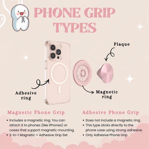 May include: An illustration showcasing phone grip types. A clear phone case with a magnetic ring is displayed next to a pink PopSockets grip and a plaque. Text explains magnetic and adhesive phone grip features.