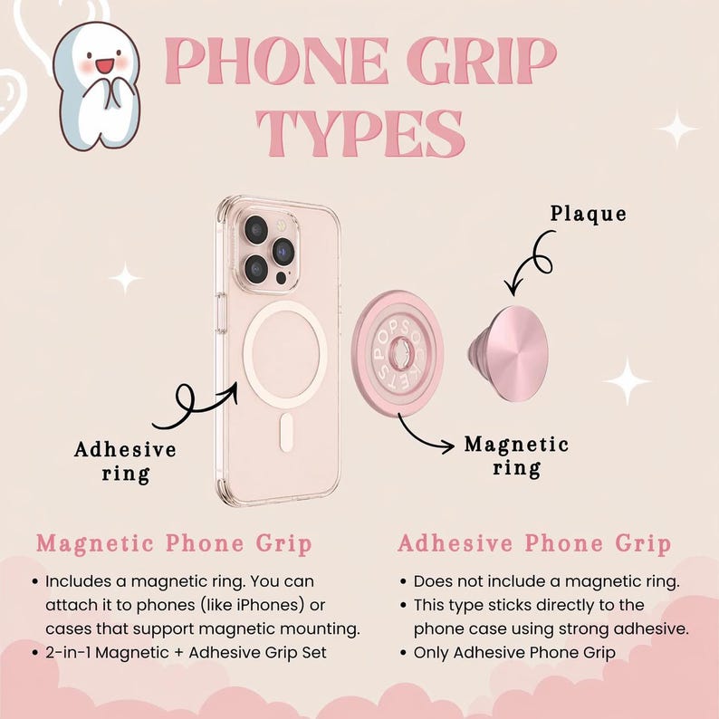 May include: An illustration showcasing phone grip types. A clear phone case with a magnetic ring is displayed next to a pink PopSockets grip and a plaque. Text explains magnetic and adhesive phone grip features.