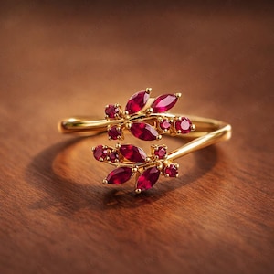 Bague rubis en argent sterling 925, bague feuille délicate, bijoux avec pierre de naissance de juillet, bague élégante avec pierres précieuses rouges pour femme