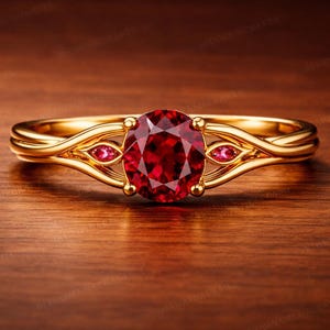 Könnte beinhalten: Ein goldener Ring mit einem großen oval geschliffenen Rubin-Mittelstein und zwei kleineren Rubin-Akzenten. Der Ring hat ein verdrehtes Banddesign und ist vor einem Holzgrund platziert. Der Ring ist ein Schmuckstück.