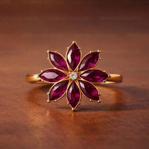 Rubin Blume Ring, 925 Sterling Silber Ring, Roter Edelstein Statement Ring, Floral Schmuck, handgemachtes elegantes Geschenk für sie