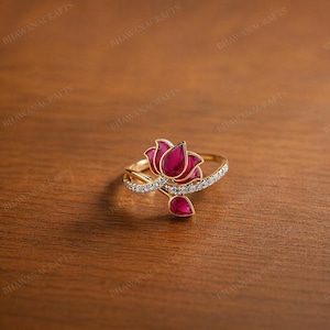 Ruby Lotus Ring in 925 Sterling Silver, Handmade Floral Gemstone Ring, Elegant Red Stone Jewelry Gift for Her