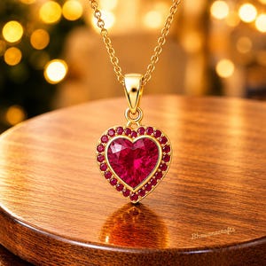 Puede incluir: Un collar de oro con un colgante en forma de corazón que presenta una gran piedra roja central rodeada por un halo de piedras rojas más pequeñas. El colgante cuelga de una fina cadena de oro. El texto Bhawanacrafts es visible en la superficie.