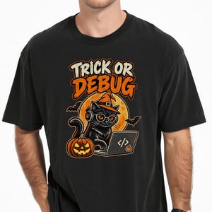 Programmer Halloween T-Shirt, Trick or Debug Black Cat Tee, Coder Pumpkin Shirt | Comfort Colors®