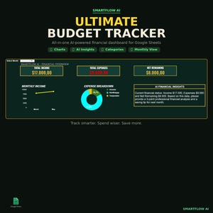 May include: A dark green digital graphic with the text "ULTIMATE BUDGET TRACKER" and "SMARTFLOW AI". The dashboard displays financial data, including income, expenses, and net remaining amounts. It also features charts and expense breakdowns.