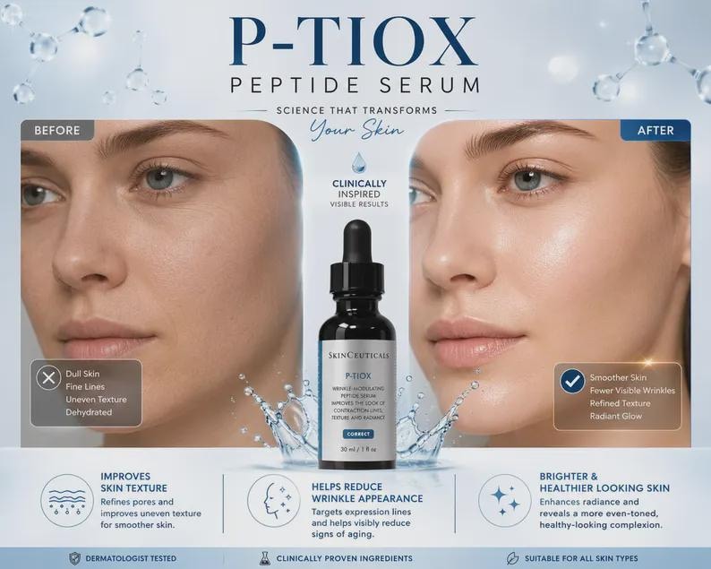 May include: A skincare product advertisement features a bottle of P-TIOX Peptide Serum. The image shows a before-and-after comparison of skin, highlighting improvements in texture and reduction of wrinkles. The bottle is black with a dropper.