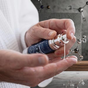 May include: A blue and silver face cream bottle with the text "FACE CREAM" and "ARTICLE MEN'S FORMULA" is being dispensed. The cream is white. The background includes a gray block and molecular models.