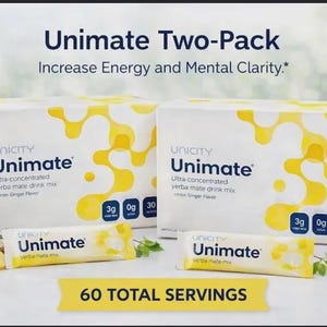 May include: Two boxes of Unimate yerba mate drink mix, lemon ginger flavor, with individual packets and fresh lemons. The packaging features yellow abstract designs and the text "Increase Energy and Mental Clarity."