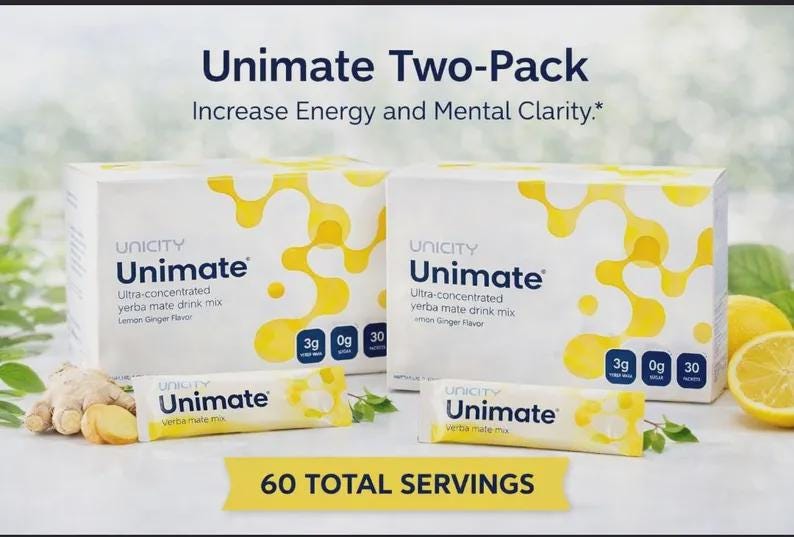 May include: Two boxes of Unimate yerba mate drink mix, lemon ginger flavor, with individual packets and fresh lemons. The packaging features yellow abstract designs and the text "Increase Energy and Mental Clarity."