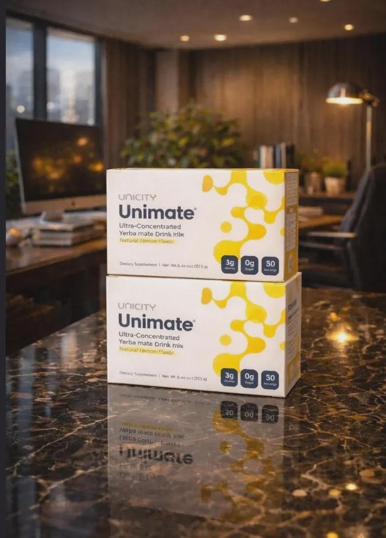 May include: Two boxes of Unicity Unimate Yerba Mate Drink mix. The boxes are white with yellow abstract designs and the Unicity logo. Each box has nutritional information, including 3g of protein, 0g of sugar, and 50 servings.
