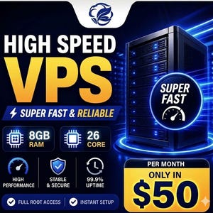 May include: An advertisement for a high-speed VPS service. The image features the text "HIGH SPEED VPS" in large yellow letters, along with details about RAM, core count, and uptime. A server rack is shown with the words "SUPER FAST" and a price of $50 per month.