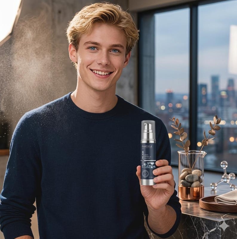 May include: A silver and navy blue face cream bottle with the text "Particle" is held by a person. The bottle has a pump dispenser and is labeled "Face Cream". The person is wearing a navy blue sweater.