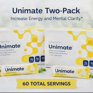 May include: Two white boxes of Unimate yerba mate drink mix with lemon ginger flavor, alongside individual packets and fresh lemons. The packaging features yellow abstract designs and the text "Increase Energy and Mental Clarity."