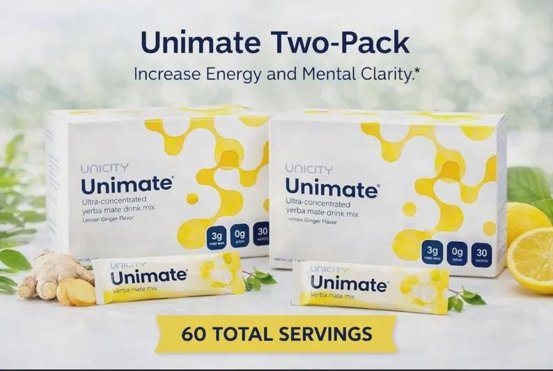 May include: Two white boxes of Unimate yerba mate drink mix with lemon ginger flavor, alongside individual packets and fresh lemons. The packaging features yellow abstract designs and the text "Increase Energy and Mental Clarity."
