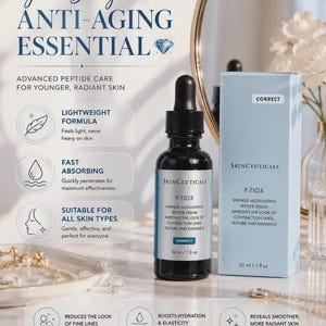 May include: A black SkinCeuticals P-Tiox wrinkle-modulating peptide serum bottle with a dropper, and a light blue box. The text on the bottle and box reads "P-Tiox" and "Correct". The product is advertised as an anti-aging essential.