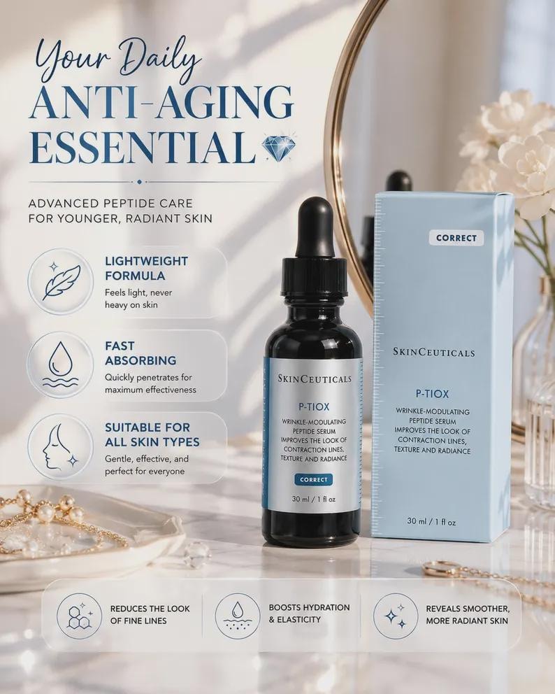 May include: A black SkinCeuticals P-Tiox wrinkle-modulating peptide serum bottle with a dropper, and a light blue box. The text on the bottle and box reads "P-Tiox" and "Correct". The product is advertised as an anti-aging essential.