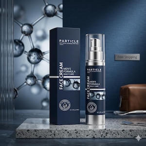 May include: A dark blue box and a silver pump bottle of Particle Face Cream for men. The box and bottle have white text and a graphic of molecular structures. The bottle is 1.7 fl oz / 50 ml. The background is a dark blue with a molecular structure.