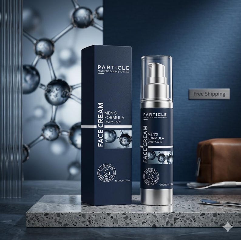 May include: A dark blue box and a silver pump bottle of Particle Face Cream for men. The box and bottle have white text and a graphic of molecular structures. The bottle is 1.7 fl oz / 50 ml. The background is a dark blue with a molecular structure.