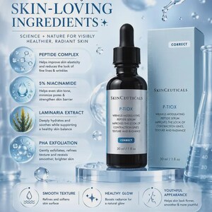 May include: A skincare product advertisement featuring a black bottle with a dropper, a light blue box, and scientific diagrams. The bottle is labeled "P-TIOX" and "Wrinkle-Modulating Peptide Serum." The text highlights ingredients and benefits for healthier, radiant skin.