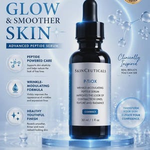 May include: A skincare product bottle with a dropper, labeled "P-TIOX" and "SkinCeuticals." The dark blue bottle sits on a clear, circular stand. The label highlights wrinkle-modulating and peptide serum benefits. The text includes "30 ml / 1 fl oz."