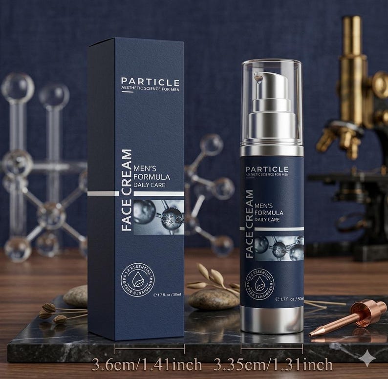 May include: A navy blue box and bottle of Particle Men's Formula Face Cream. The box and bottle have white text and silver accents. The box is 1.41 inches wide, and the bottle is 1.31 inches wide. The product is for daily care.