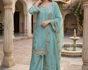 Pakistani Designer Blue Party Wear Salwar Kameez with Dupatta for Women, Sharara Suit, Blue Kurta Palazzo,Indian Ethnic Suit, Pakistani Suit