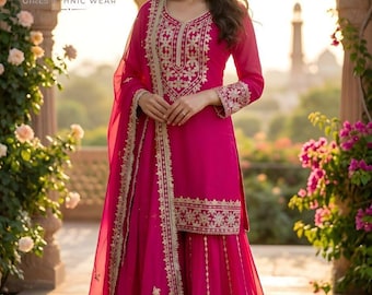 Conjunto pakistaní de 3 piezas de sharara rosa bordado con dupatta, vestido de novia, kurti largo, traje de boda indio, vestido de fiesta.