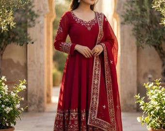 Designer Red Heavy Embroidered Sequence work Salwar Kameez with Dupatta, Wedding Red Anarkali, Party wear Dress, Function wear,Red Outfit