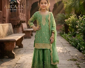 Premium Girls Green Kurti Sharara Set, Indian Cotton Ethnic Wear , Green Sharara,Pakistani dress kids