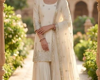 Pakistani Designer Party Wear White Sharara Salwar Kameez with Dupatta for Women, Top-Palazzo, Indian Ethnic Suit, Sharara Suit,White Outfit
