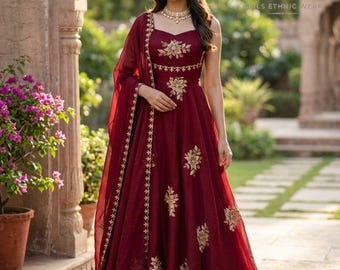 Beautiful Red Heavy Embroidered Sequence work Salwar Kameez with Dupatta, Party wear Dress, Function wear, Wedding Anarkali,Indian Outfit