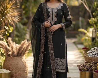 Black Designer Sharara Suit Set With Dupatta For Womens, Partywear Readymade Dress, Traditional outfit Ethnic wear