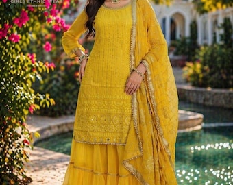 Pakistani Designer Yellow Party Wear Salwar Kameez with Dupatta for Women,Haldi Outfit, Sharara Suit, Indian Ethnic Suit, Pakistani Suits