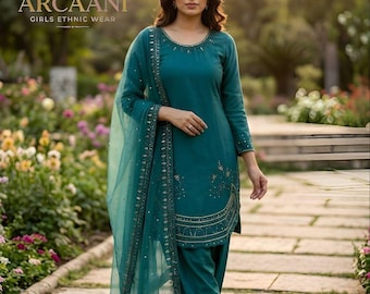 Salwar kameez verde de diseñador para mujer, Kurti largo para usar en Ramadán, Kurti elegante de 3 piezas, Conjunto étnico indio de Kurti y palazzo para mujer, Traje verde