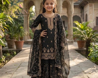 Black Girls Kurti Sharara Set, Indian Cotton Ethnic Wear, Pakistani Dress kids,Black Sharara