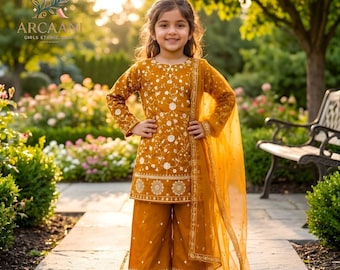 Beautiful Yellow Silk Salwar Kameez for Girl, Stitched Girl kurti pant with dupatta set, Kids wear 3PC,Kids wear, Indian Kids Salwar Kameez