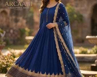 Designer Anarkali Gown Kurti Suit Salwar Kameez, Readymade Festival wear, Ethnic Embroidered Work, Long Flared Gown