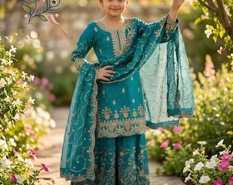 Blue Kid Top Sharara, Kid Dress, Kids salwar kameez, Girl Traditional wear,Ethnic Kids Wear, Girls Wedding Dress, Girls Outfit,Wedding dress