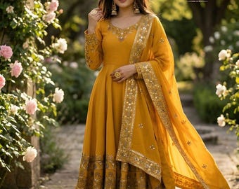 Premium Beautiful Yellow Heavy Embroidered Sequence work Salwar Kameez with Dupatta,Haldi outfit, Wedding Anarkali, Party wear Dress